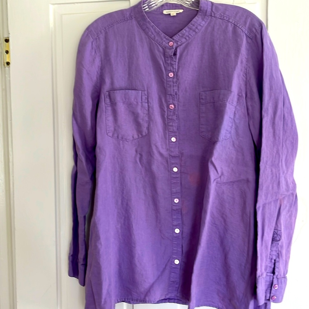 Eileen Fisher Organic Irish Linen Mandarin Collar Collar Shirt Lavender Size M